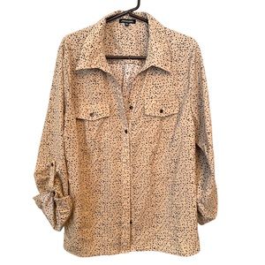 Tan With Black Polka Dots Button-Up Collared Blouse, XL